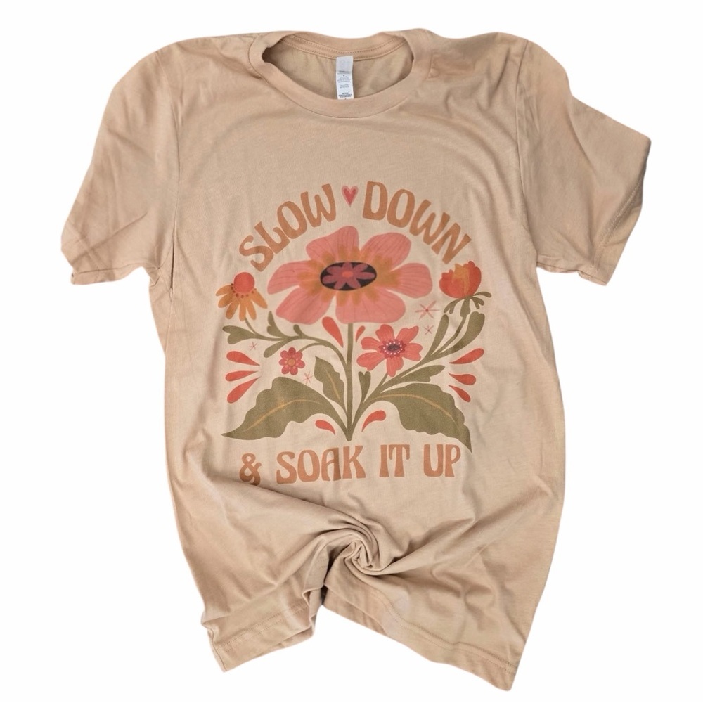 Retro Slow Down & Soak It Up Botanical Tee Bella Canvas Small Boho Hippie Vibe